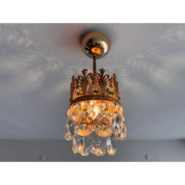 Vintage Small Brass & Emerald Green Crystal Crown Flush Mount – 1 Light For Sale - Image 6 of 18