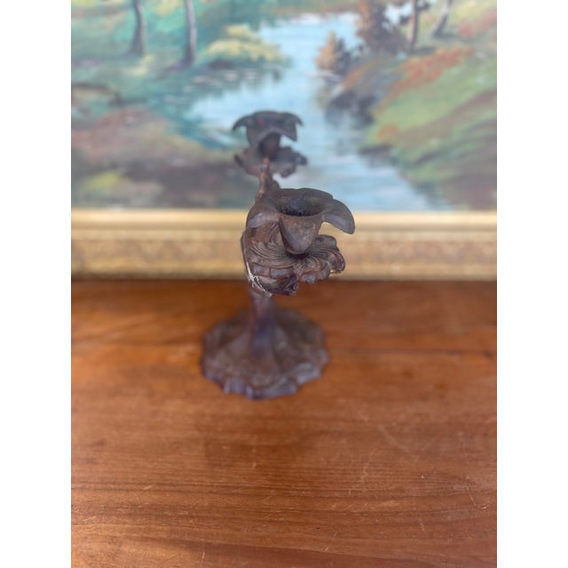 Metal Possibly 19th Century Ornate Cast Iron Double-Arm Candelabrum With Floral Bobeches and Scroll Base. For Sale - Image 7 of 9