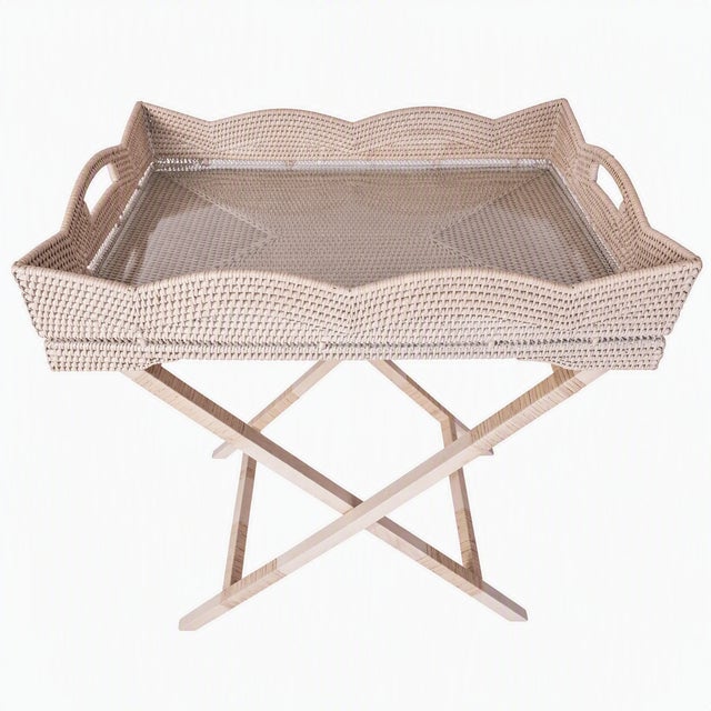 2020s Artifacts Rattan Scallop Design Butler Tray with Wooden Legs Glass Insert, White Wash For Sale - Image 5 of 5