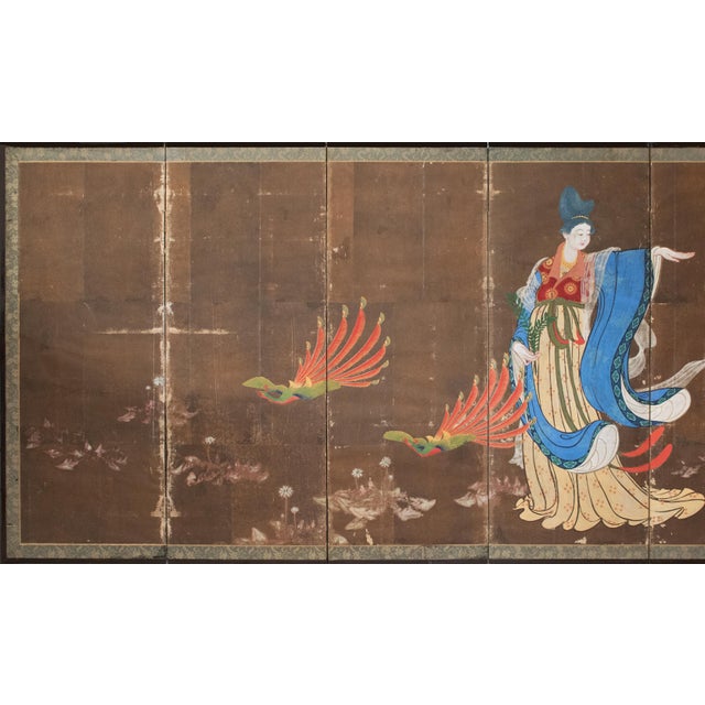 Rare large antique painted 8-panel byobu (folding screen) depicts a celestial maiden such as a Tennyo (heavenly maiden),...
