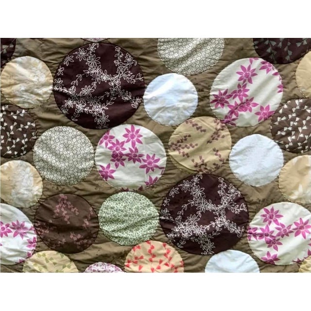 Hippie-Chic Japanese Cotton Medallion Quilt — Chocolate Brown & Pink Floral Circles, Hand Quilted, 66x88in. For Sale - Image 6 of 18