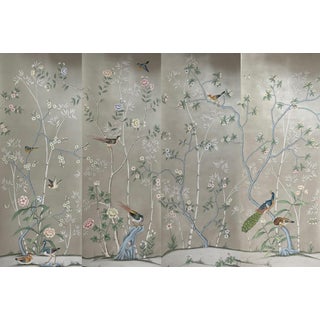 Chinoiserie Hand‑Painted Wall Panels, Set of 4, Peacock Bird & Blossom Bamboo Mural For Sale