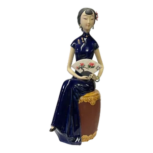 Chinese Oriental Ceramic Cheongsam Blue Qipao Dressing Lady Figure