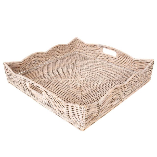 2020s Artifacts Rattan Scallop Collection Square Tray with Cutout Handles in White Wash - 20" For Sale - Image 5 of 8