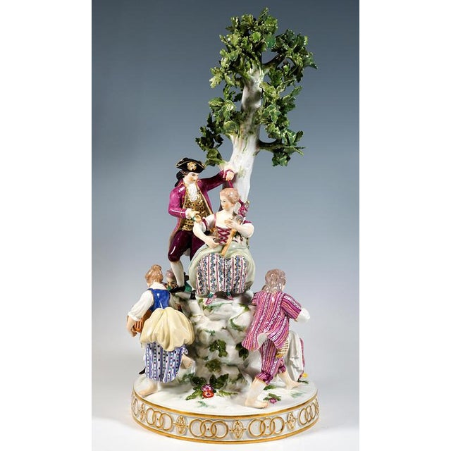 Ceramic Large Round Porcelain Group with Three Couples at Tree attributed to M.V. Acier for Meissen, 1940 For Sale - Image 7 of 13