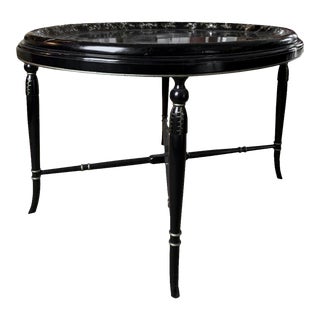 Victorian Papier-Mâché-Mache Tray Top Coffee Table Mother of Pearl Inlaid Oval Table For Sale