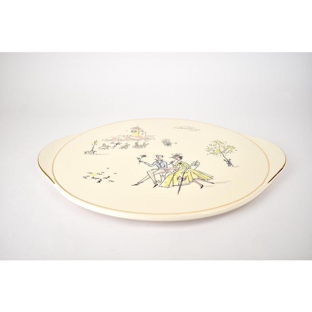 Mid Century Grünstadt Germany Pottery Ceramic Cake Plate "Café de Paris" Vintage 1950s Platter Creme Off white Ivory Gold Rim | French For Sale - Image 4 of 12
