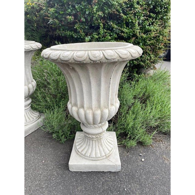 White British Cast Stone Fluted Garden Urns, Set of 2 For Sale - Image 8 of 12