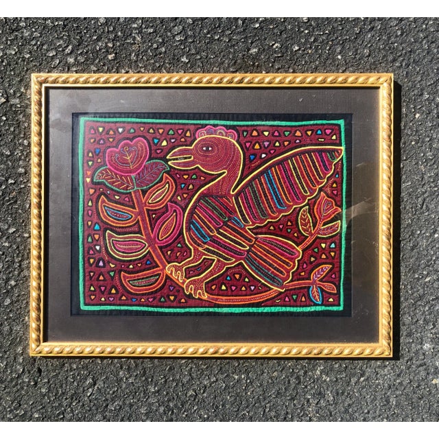 Folk Art Mola Bird and Flower Embroidered Textile Art in Gold Frame For Sale - Image 11 of 11