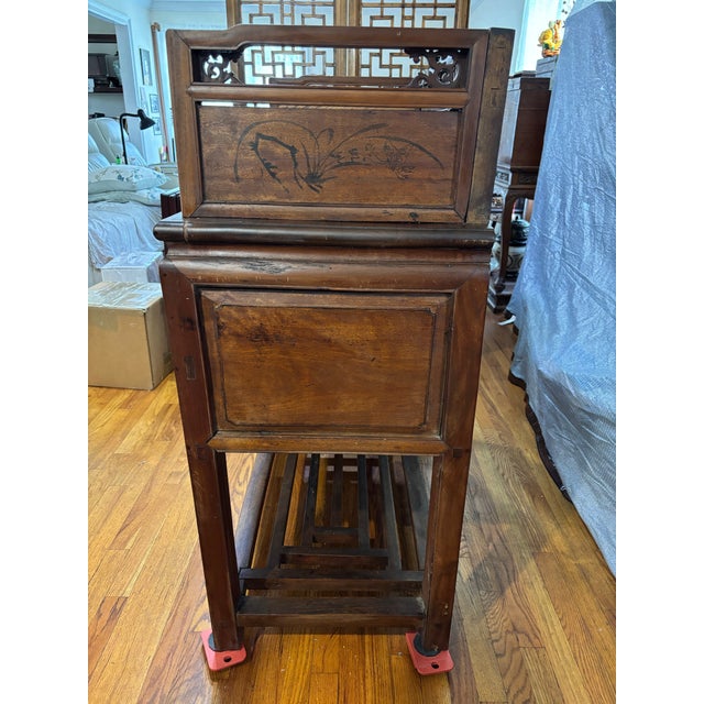 Antique Chinese Hand-Painted Orchid & Bamboo Hardwood Vanity Desk For Sale - Image 4 of 12