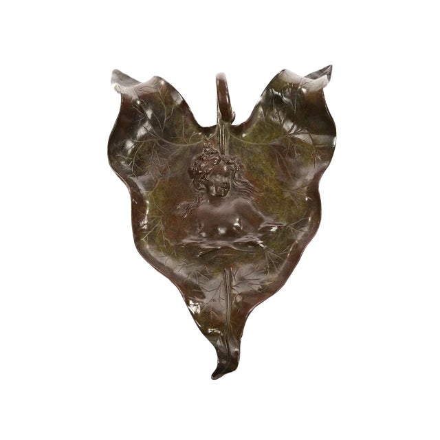 Art Nouveau Leaf Bronze Tray Sculpture With Nude Maiden Bust For Sale