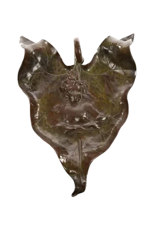 Art Nouveau Leaf Bronze Tray Sculpture With Nude Maiden Bust