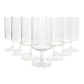 1990s Neiman Marcus Vintage Set of 7 Etched Christmas Tree Wine or Water Glasses For Sale