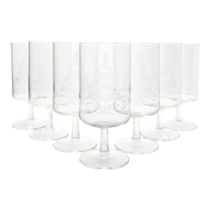 1990s Neiman Marcus Vintage Set of 7 Etched Christmas Tree Wine or Water Glasses