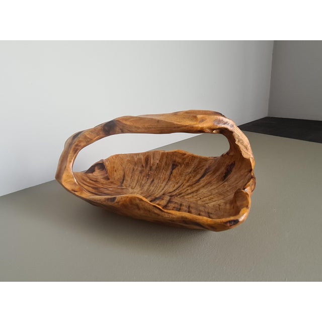 Vintage Brutalist French Hand Carved Wood Basket Bowl Organic Centerpiece, 1950 For Sale - Image 6 of 10