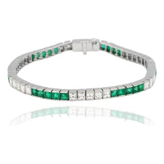 Platinum 950 Custom Made Natural Diamond and Emerald Bezel Tennis Bracelet For Sale