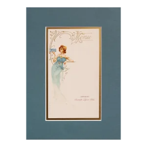 1900 Original French Advertising Menu (Woman in Blue Dress Holding Blue Box) Matted