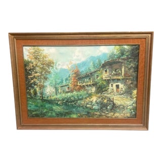Antique Painting: Mountain Landscape With Rustic Country Houses For Sale