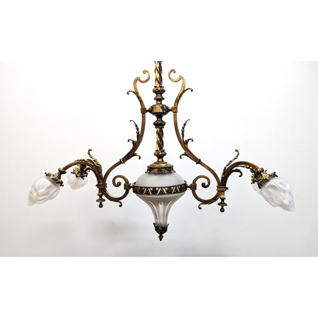 Antique French Brass & Glass Chandelier, Art Nouveau Turn of the century. Spectacular Chandelier of solid brass, gilt...