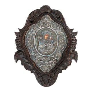 19th C. Greek Orthodox Icon, Theotokos With Christ Child — Hallmarked 950 Silver Repoussé Riza & Carved Baroque Frame, 15¾" H For Sale