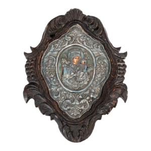 19th C. Greek Orthodox Icon, Theotokos With Christ Child — Hallmarked 950 Silver Repoussé Riza & Carved Baroque Frame, 15¾" H
