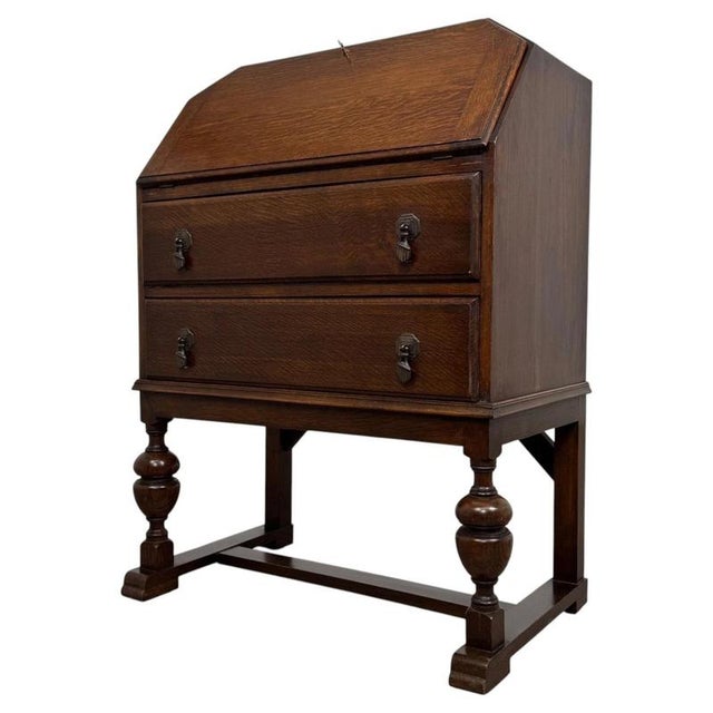 Antique Early 20th Century English Oak Bureau For Sale - Image 4 of 14