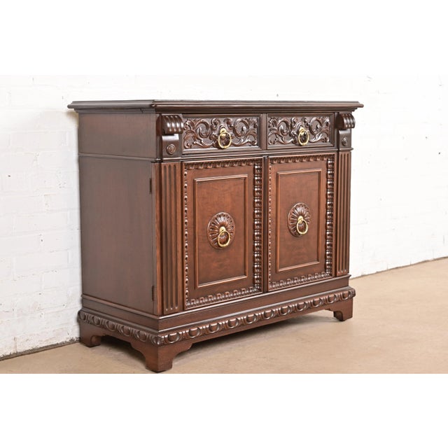 Berkey & Gay Berkey & Gay Antique English Tudor Carved Walnut and Burl Wood Bar Cabinet, Newly Refinished For Sale - Image 4 of 15