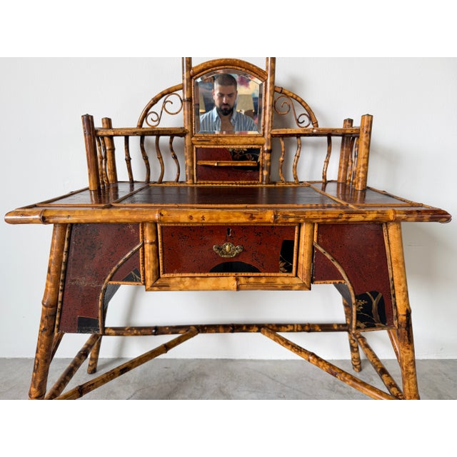 Early 19th Century 19th-Century English Aesthetic Movement Burnt Bamboo & Lacquer Writing Desk With Mirror For Sale - Image 5 of 17