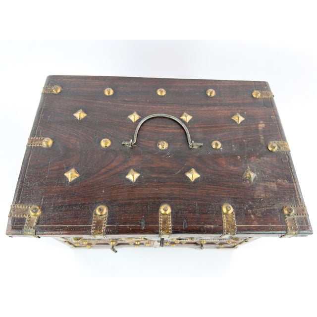 1950s Indian Rosewood Jewelry Chest With Brass Mounts & Hidden Drawers For Sale - Image 6 of 13