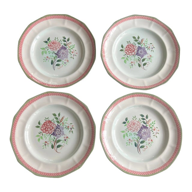 Antique English Adams Mandalay Celadon Green Calyx Ware Dinner Plates- Set of 4 For Sale