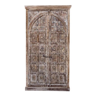 1920s Rustic Carved Whitewash Arched Doors Wardrobe For Sale