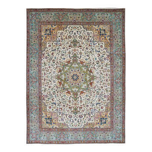 Antique Persian Tabriz Wool & Cotton 10X13 Ivory, Peach, Red & Teal Handmade Area Rug #1140364