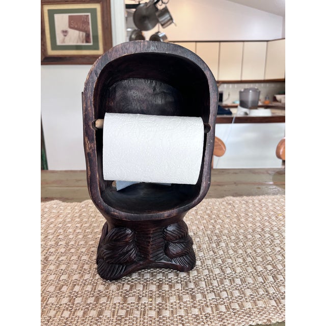 Wood Vintage Hand-Carved Monkey Head Wooden Toilet Paper Holder – Tiki Folk Art For Sale - Image 7 of 7