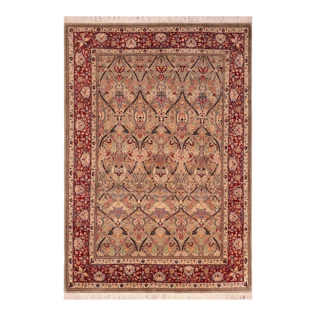 Shabby Chic Floral 1990's Pak-Persian Green/Red Wool Rug - 6'0'' X 9'0'' For Sale