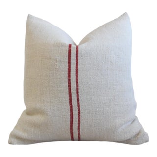 French Country Grain Sack Coastal Nautical Red Stripe Feather/Down Pillow For Sale