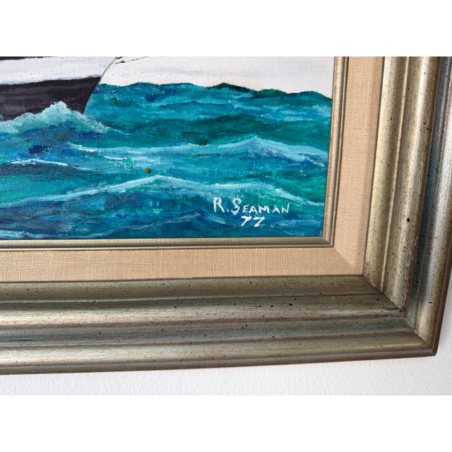 Wood 1970's R. Seaman American Tall Ship Ocean Landscape Oil on Board Painting, Framed For Sale - Image 7 of 12