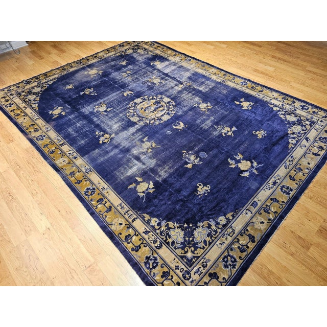 19th Century Chinese Peking Rug, Handwoven Wool, Indigo & Yellow, 10' X 14' For Sale - Image 4 of 12