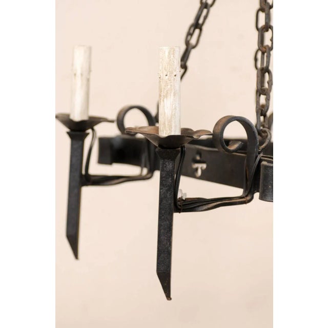 Black Vintage French Forged Iron Black Chandelier With Pierced Clover Motif Pattern For Sale - Image 8 of 9