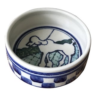 Vintage Folk Art Studio Pottery Ceramic Checkered Poodle Dog Water Bowl in the Style of MA Hadley For Sale