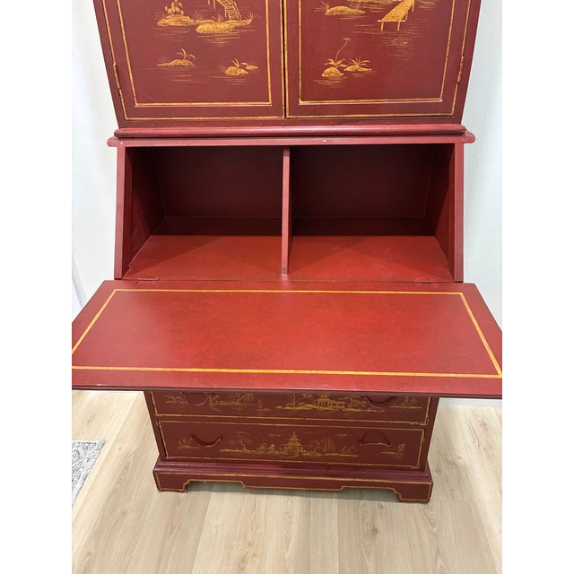 18th C Style Two Word Arts Red Chinoiserie Secretary Desk Bookcase (2 Pieces) With Custom Paint For Sale - Image 12 of 13