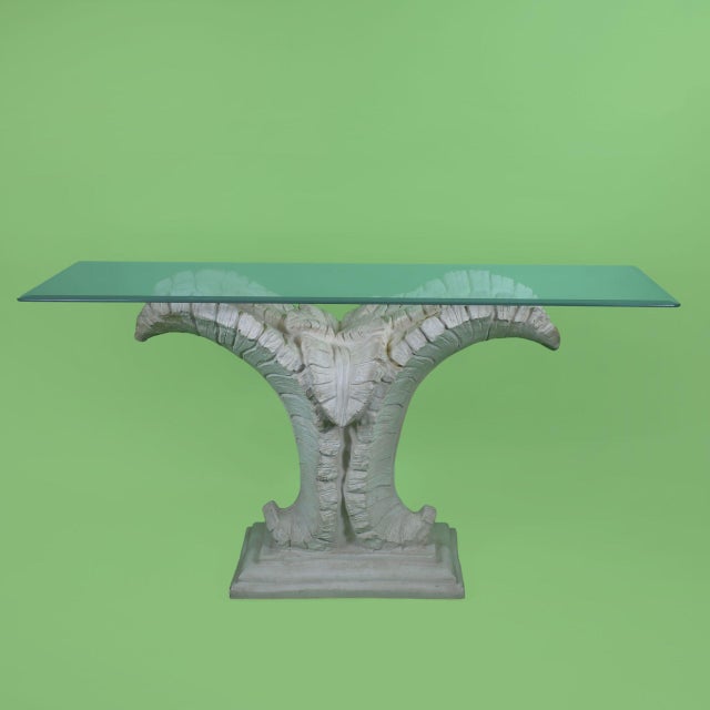 Make an entrance with this vintage Serge Roche blonde palm console. The distinctive palm motif and light blonde finish...