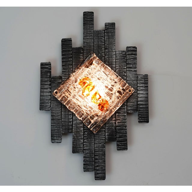 Black Mid-Century Modern Brutalist Style Wall Lamp in Wrought Iron and Glass, 1970s For Sale - Image 8 of 13