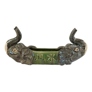 Vintage Chinese Green Ceramic Two Headed Elephant. Planter With Trunks Up. Bonsaï or Vase For Sale