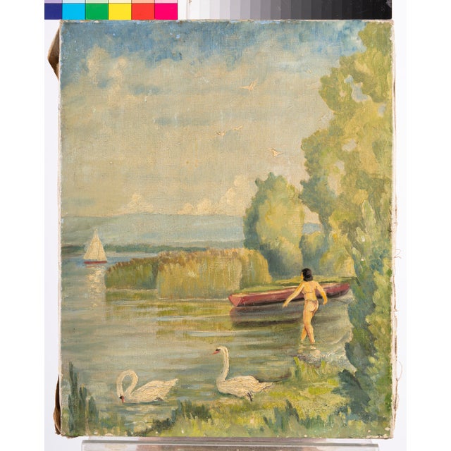 Jules Gaillepand, Lakeside Scene with Nude Figure Swans and Sailboat, 1920s, Oil on Canvas For Sale - Image 15 of 16