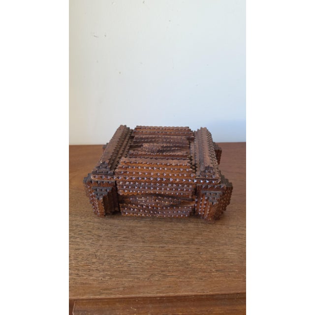 Rustic Vintage Tramp Art Wooden Box, Hand Carved Folk Art Jewelry Box, Layered Chip Carved Rustic Storage Box, Primitive Decor For Sale - Image 3 of 9