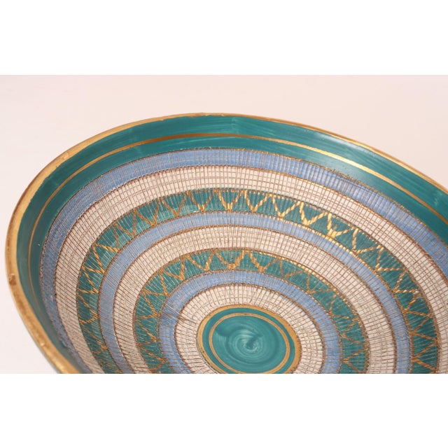 Ceramic Large Teal and Gilt Ceramic "Seta" Pedestal Bowl by Aldo Londi for Bitossi Italy For Sale - Image 7 of 16