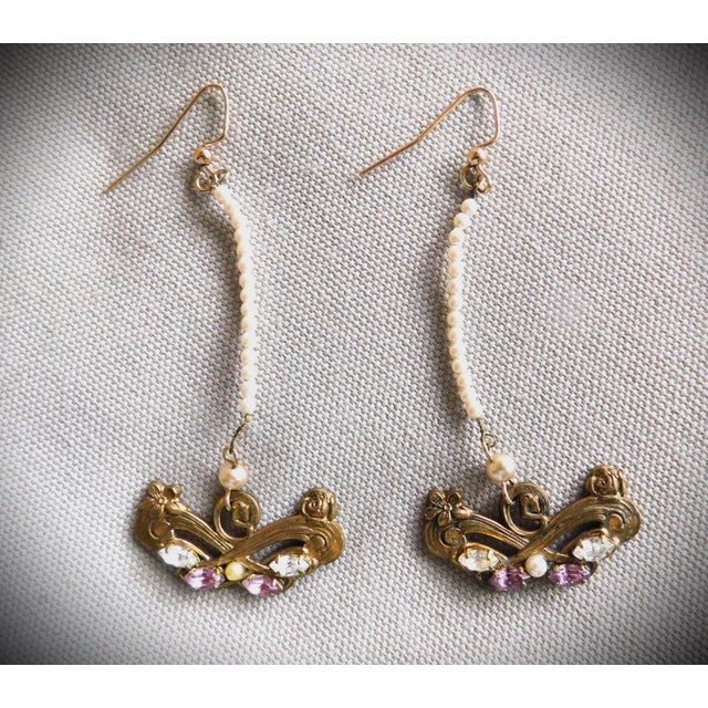 Vintage Seed Pearl, Gold, Amethyst and Clear Crystal Art Nouveau Style Long Earrings on a unique 15-Seed Pearl Drop. These...