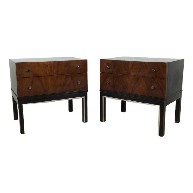 1970s Pair of Mid Century Modern Two Drawer Nightstands With Chrome Accents For Sale