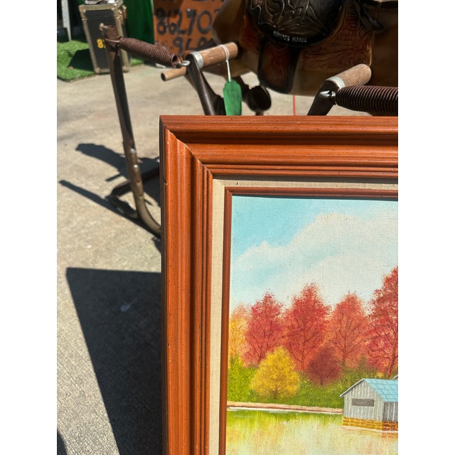 Mid-Century Modern 1990s Watermill and Colorful Foliage Landscape Painting on Canvas, Signed by the Artist, Framed For Sale - Image 3 of 8