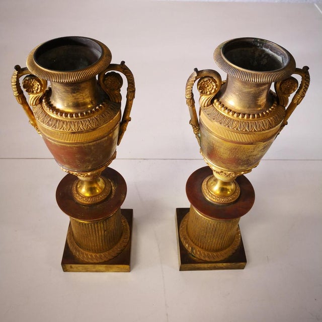19th Century Gilded Bronze Fluted Vases on Plinth, Italy, Set of 2 For Sale - Image 5 of 6